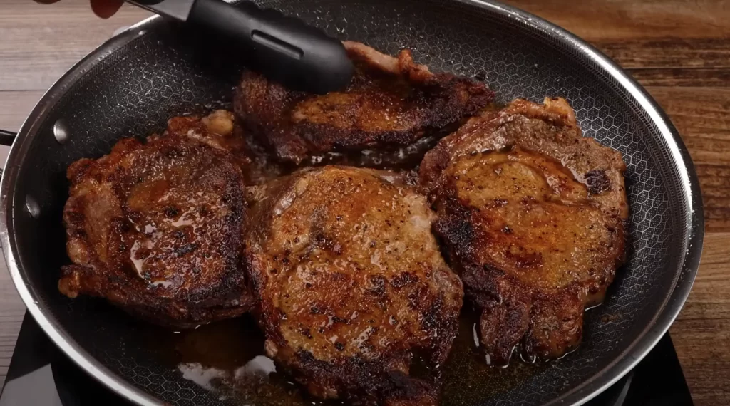 searing the steak 